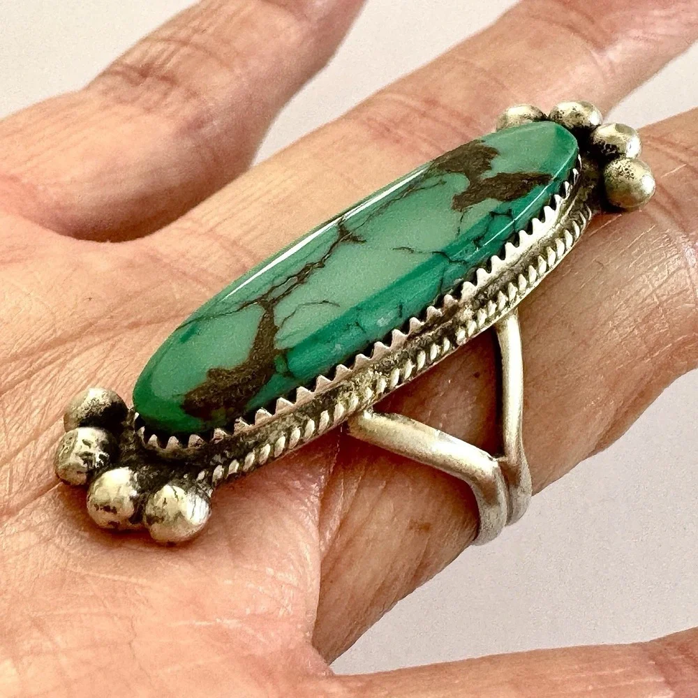 Navajo Turquoise Ring‎ Sz 8 Flat Cab Sterling Signed Selina Warner Native Amer